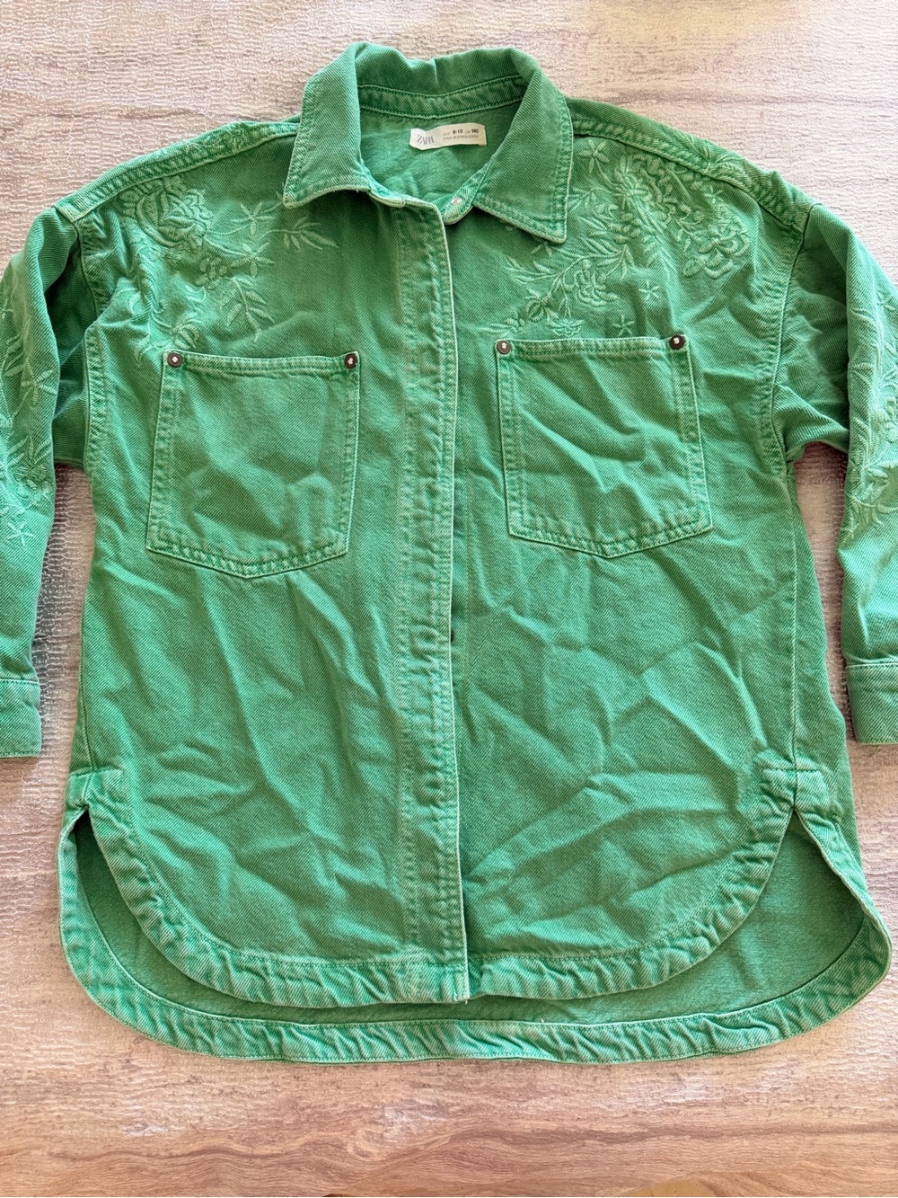 Zara Green Embroidered Snap-Front Denim Shirt Jacket Size 9-10 - Picture 6 of 12